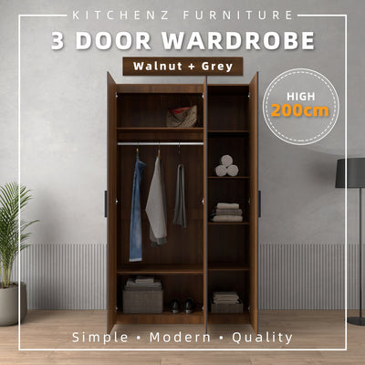 200cm 3 Door Wardrobe with Black Plastic Handle - HMZ-FN-WD-6018