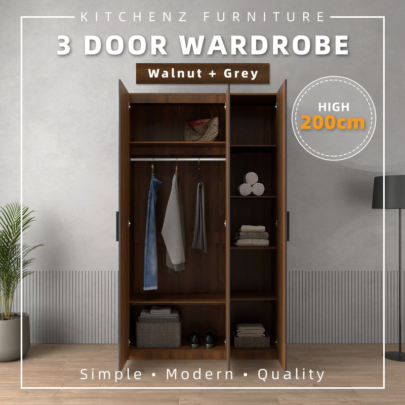 200cm 3 Door Wardrobe with Black Plastic Handle - HMZ-FN-WD-6018