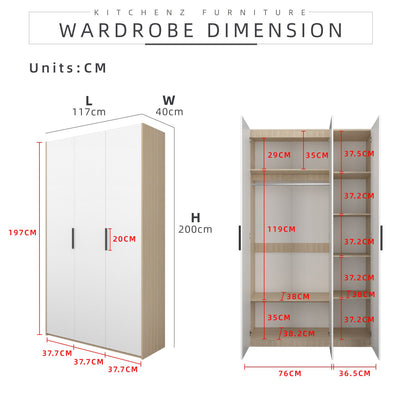 200cm 3 Door Wardrobe with Black Plastic Handle - HMZ-FN-WD-6018