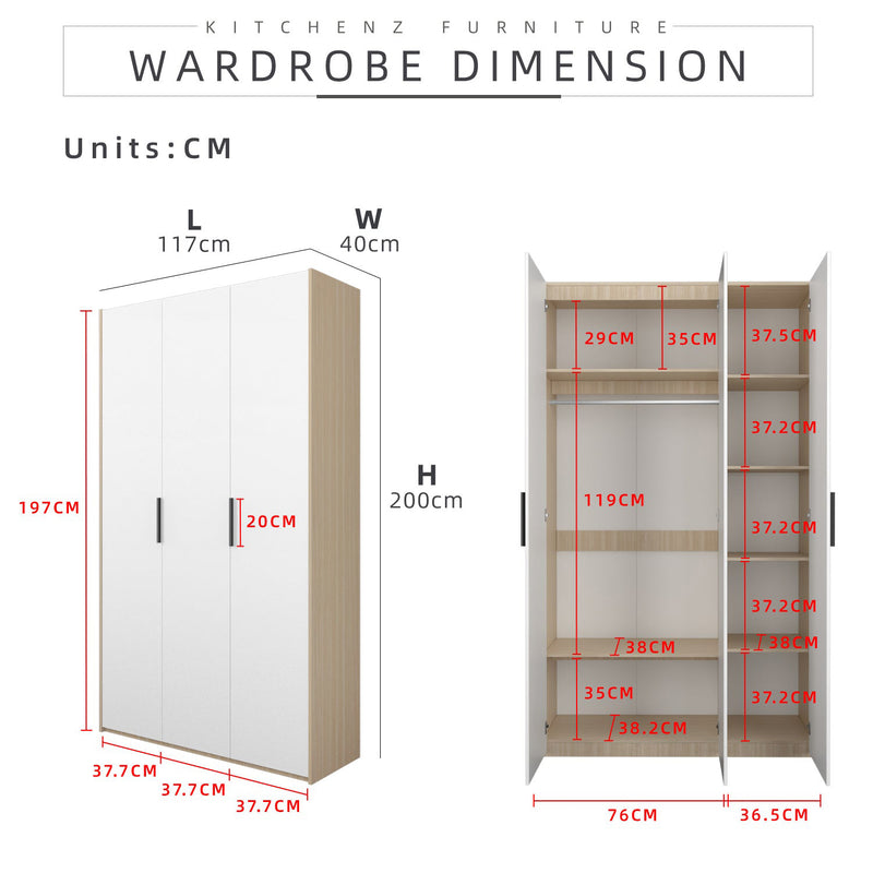 200cm 3 Door Wardrobe with Black Plastic Handle - HMZ-FN-WD-6018
