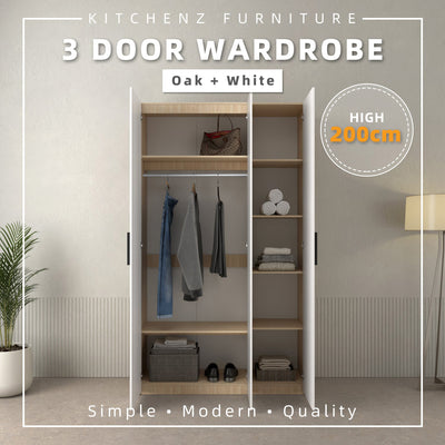 200cm 3 Door Wardrobe with Black Plastic Handle - HMZ-FN-WD-6018