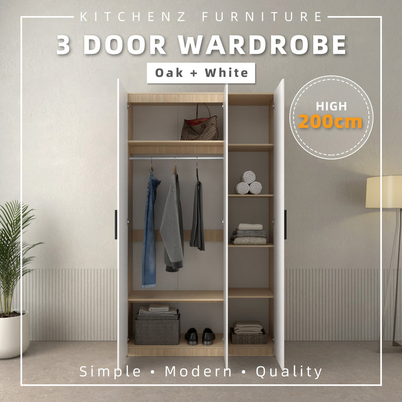 200cm 3 Door Wardrobe with Black Plastic Handle - HMZ-FN-WD-6018