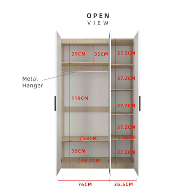 200cm 3 Door Wardrobe with Black Plastic Handle - HMZ-FN-WD-6018