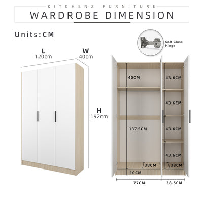 192cm High 3 Door Wardrobe With Matte Black Plastic Handle -HMZ-FN-WD-6418V2
