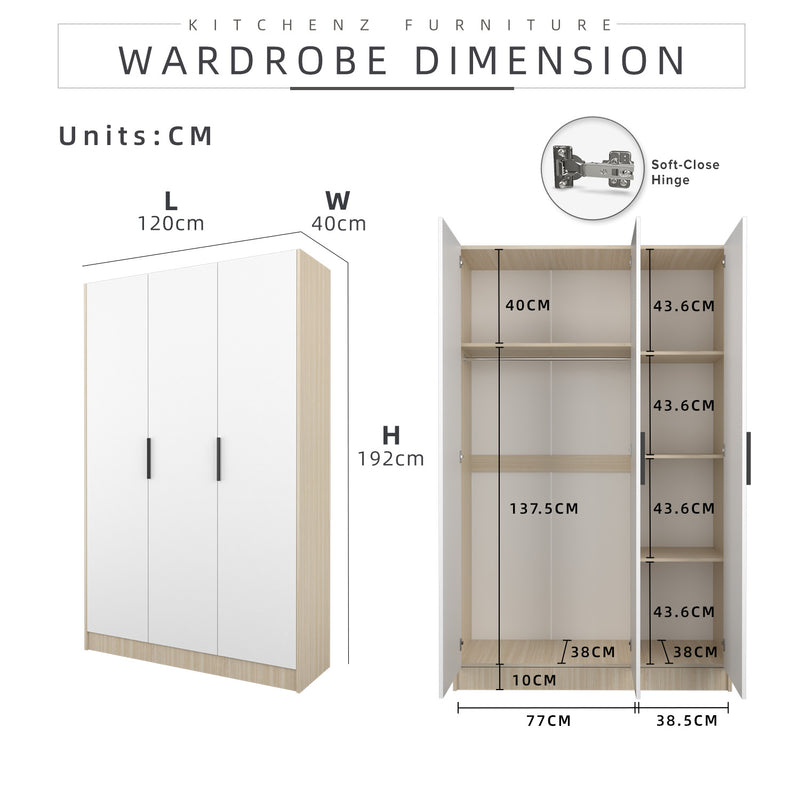 192cm High 3 Door Wardrobe With Matte Black Plastic Handle -HMZ-FN-WD-6418V2