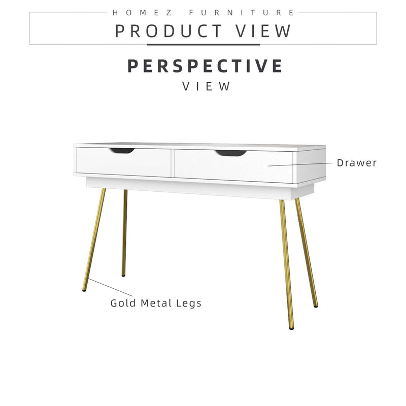 [Free Installation] 4FT Ivory Series Console Table with 2 Drawer Storage Gold Metal Leg Support - HMZ-FN-CT-1415-WT