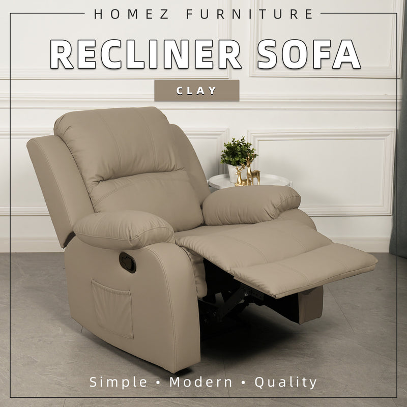 (Free Installation) 3FT 1 Seater Fabric/TPU Recliner Sofa / Grey/Brown/Blue/Clay/Cream - HMZ-FN-522/523/545