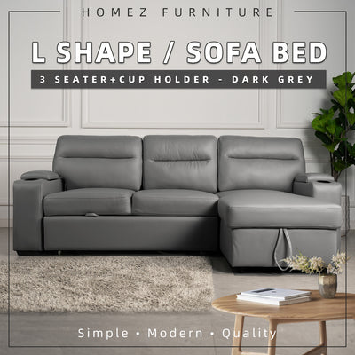 (Free Installation) 7.4FT/6.7FT 3 Seater TPU / Leathaire Sofa L Shape Sofa Multifunctional Sofa Bed Cup Holder Storage Box-Dark/Light Grey/Grey/Clay