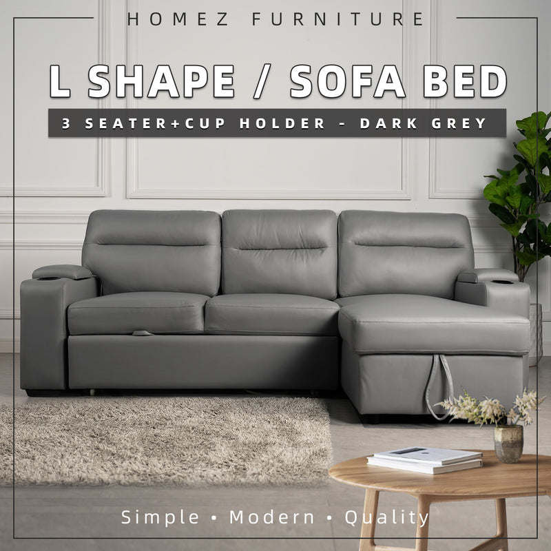 (Free Installation) 7.4FT/6.7FT 3 Seater TPU / Leathaire Sofa L Shape Sofa Multifunctional Sofa Bed Cup Holder Storage Box-Dark/Light Grey/Grey/Clay