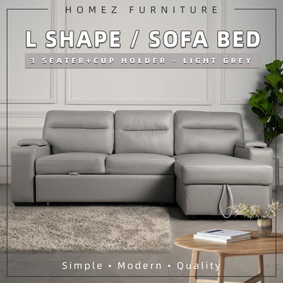 (Free Installation) 7.4FT/6.7FT 3 Seater TPU / Leathaire Sofa L Shape Sofa Multifunctional Sofa Bed Cup Holder Storage Box-Dark/Light Grey/Grey/Clay