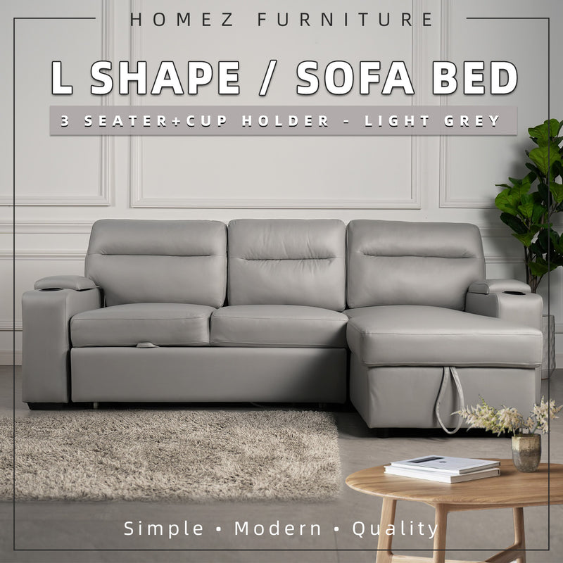(Free Installation) 7.4FT/6.7FT 3 Seater TPU / Leathaire Sofa L Shape Sofa Multifunctional Sofa Bed Cup Holder Storage Box-Dark/Light Grey/Grey/Clay