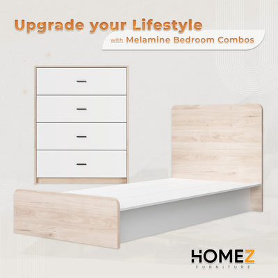 (Combo Bedroom Set) Melamine Combo Bedroom Set Chest Drawer Single Bed Frame Headboard Wardrobe White + Oak Set Perabot