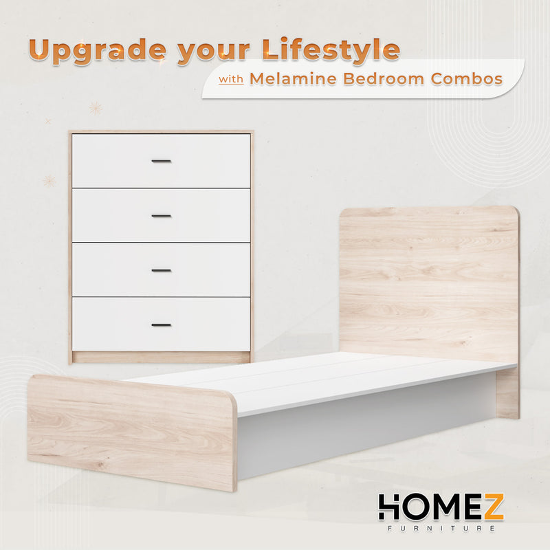 (Combo Bedroom Set) Melamine Combo Bedroom Set Chest Drawer Single Bed Frame Headboard Wardrobe White + Oak Set Perabot