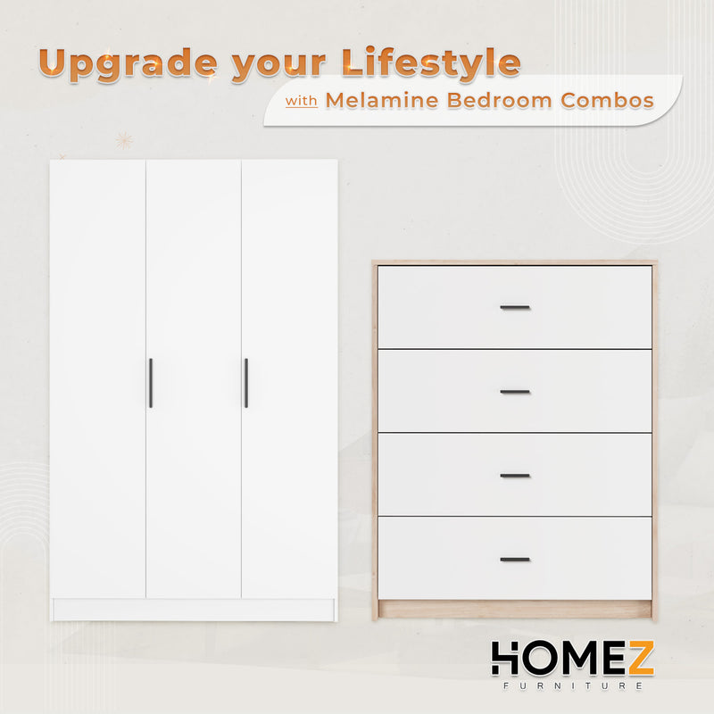 (Combo Bedroom Set) Melamine Combo Bedroom Set Chest Drawer Single Bed Frame Headboard Wardrobe White + Oak Set Perabot