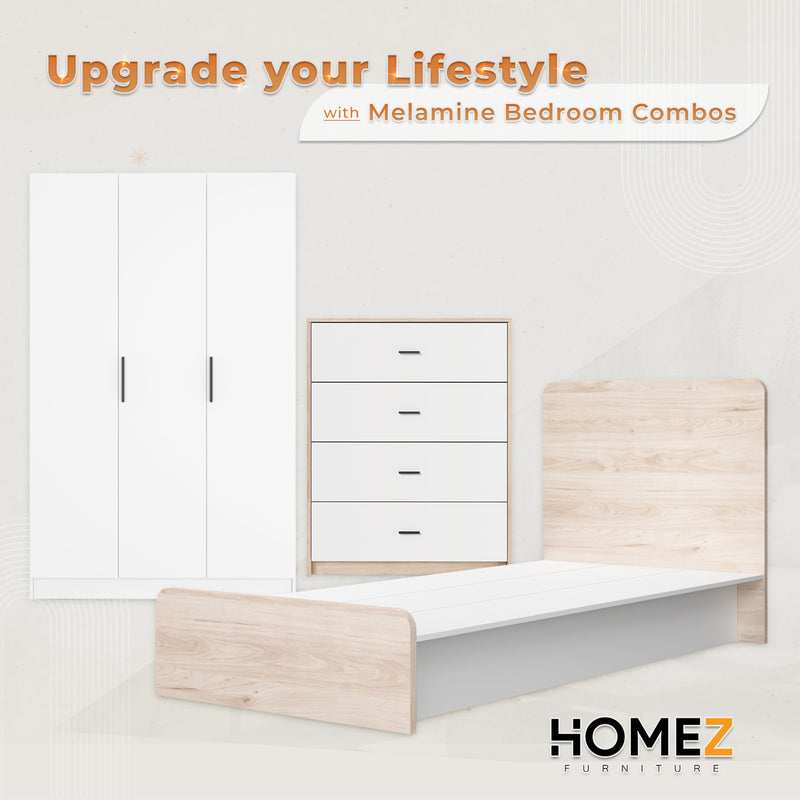 (Combo Bedroom Set) Melamine Combo Bedroom Set Chest Drawer Single Bed Frame Headboard Wardrobe White + Oak Set Perabot