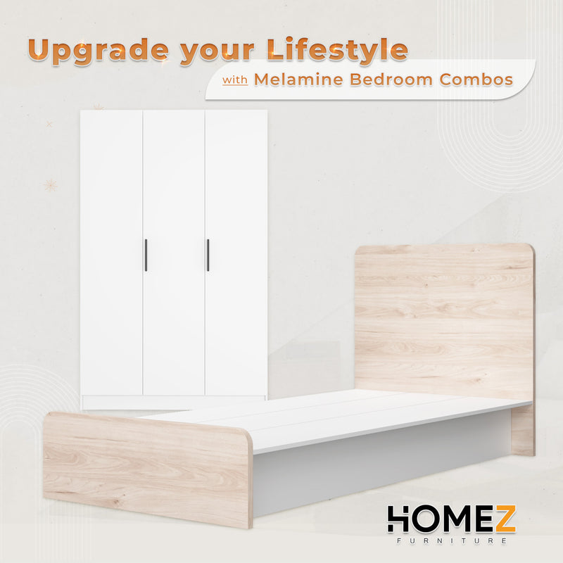 (Combo Bedroom Set) Melamine Combo Bedroom Set Chest Drawer Single Bed Frame Headboard Wardrobe White + Oak Set Perabot