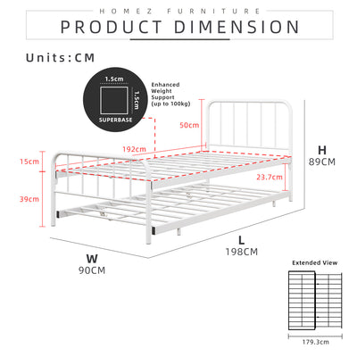 6.4FT Day Bed / Pull Out Trundle Bed Frame Single Powder Coat Metal Black White-0045/0046/0115
