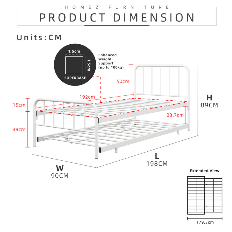 6.4FT Day Bed / Pull Out Trundle Bed Frame Single Powder Coat Metal Black White-0045/0046/0115