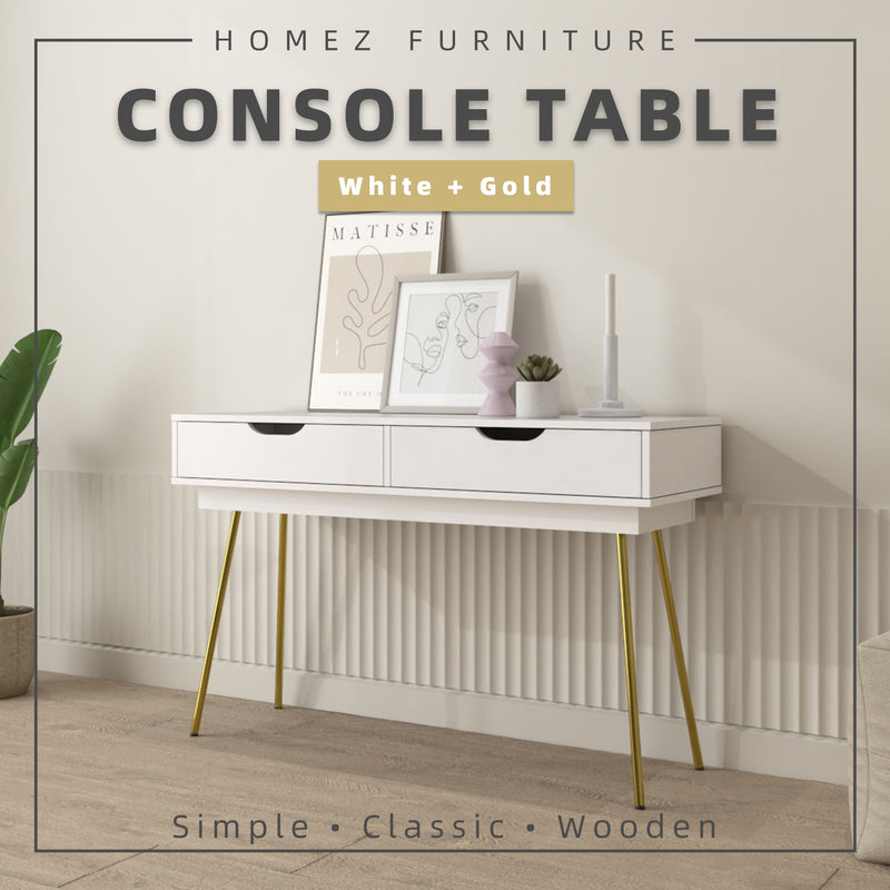 [Free Installation] 4FT Ivory Series Console Table with 2 Drawer Storage Gold Metal Leg Support - HMZ-FN-CT-1415-WT