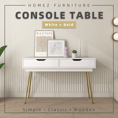 [Free Installation] 4FT Ivory Series Console Table with 2 Drawer Storage Gold Metal Leg Support - HMZ-FN-CT-1415-WT
