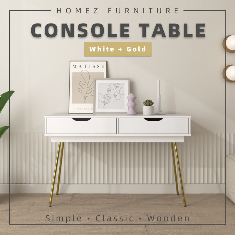 [Free Installation] 4FT Ivory Series Console Table with 2 Drawer Storage Gold Metal Leg Support - HMZ-FN-CT-1415-WT