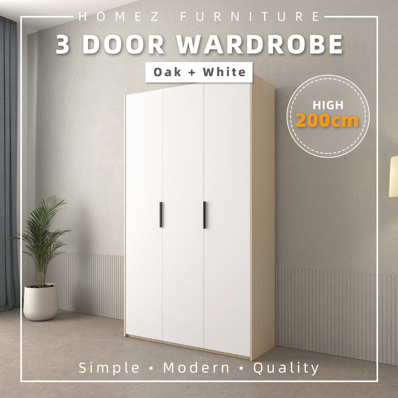 200cm 3 Door Wardrobe with Black Plastic Handle - HMZ-FN-WD-6018