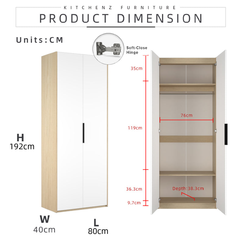 192cm High 2 Door Wardrobe with Hanging Rod-HMZ-FN-WD-6009/6419