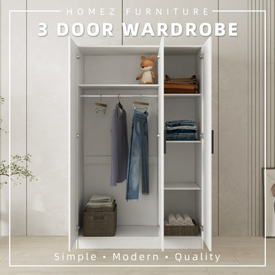 3.9FT 3 Door Wardrobe with Handle - HMZ-FN-WD-M6458-WT