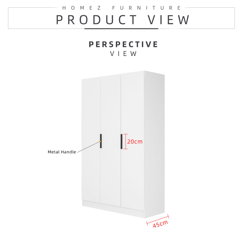 3.9FT 3 Door Wardrobe with Handle - HMZ-FN-WD-M6458-WT