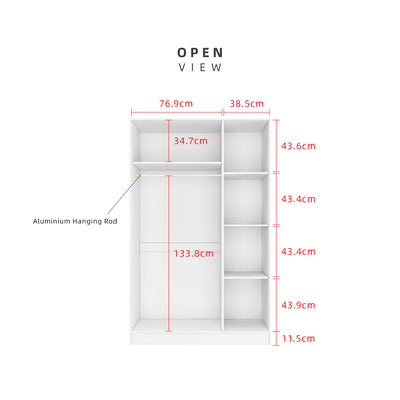 3.9FT 3 Door Wardrobe with Handle - HMZ-FN-WD-M6458-WT
