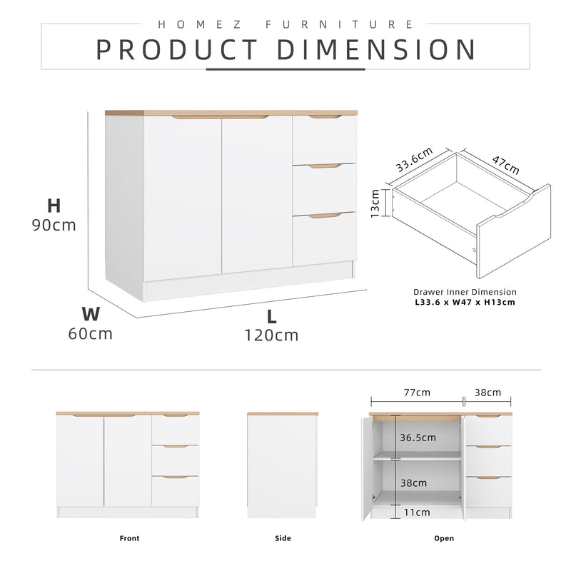 (Pro) 3.9FT 2 Door 3 Drawers Sinowa Series Full Melamine Kitchen Cabinet Base Unit/Kitchen Storage - HMZ-KBC-M9615-LH+WT