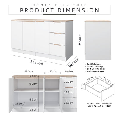 5.2FT Sinowa Pro Series Full Melamine 3 Doors 3 Drawers Kitchen Cabinet (Depth 60cm) - HMZ-KBC-M9625-LH+WT