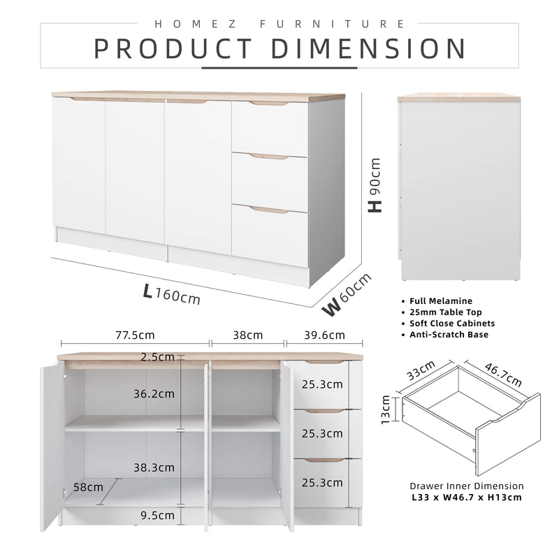 5.2FT Sinowa Pro Series Full Melamine 3 Doors 3 Drawers Kitchen Cabinet (Depth 60cm) - HMZ-KBC-M9625-LH+WT