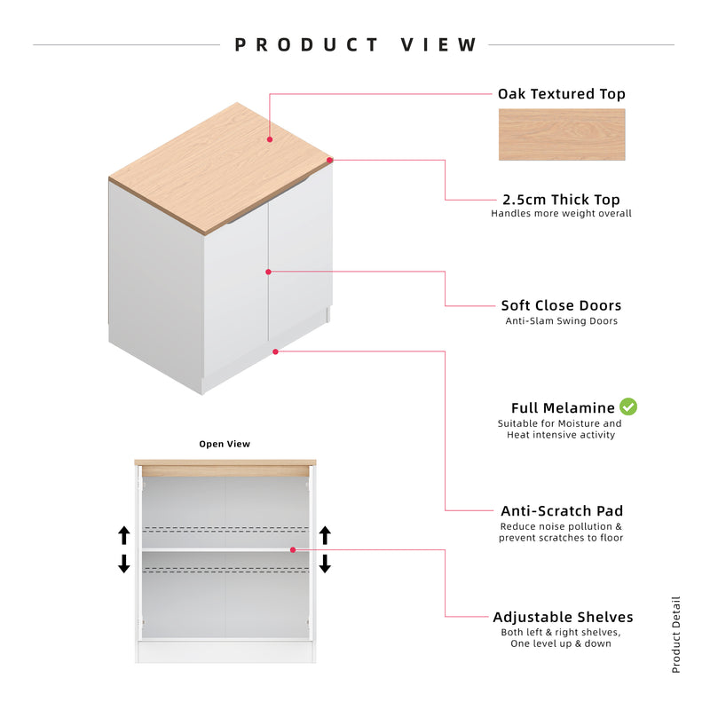 (Pro) 2.6FT Sinowa Series Full Melamine Kitchen Cabinets Base Unit/Kitchen Storage-HMZ-KBC-M9685-LH+WT