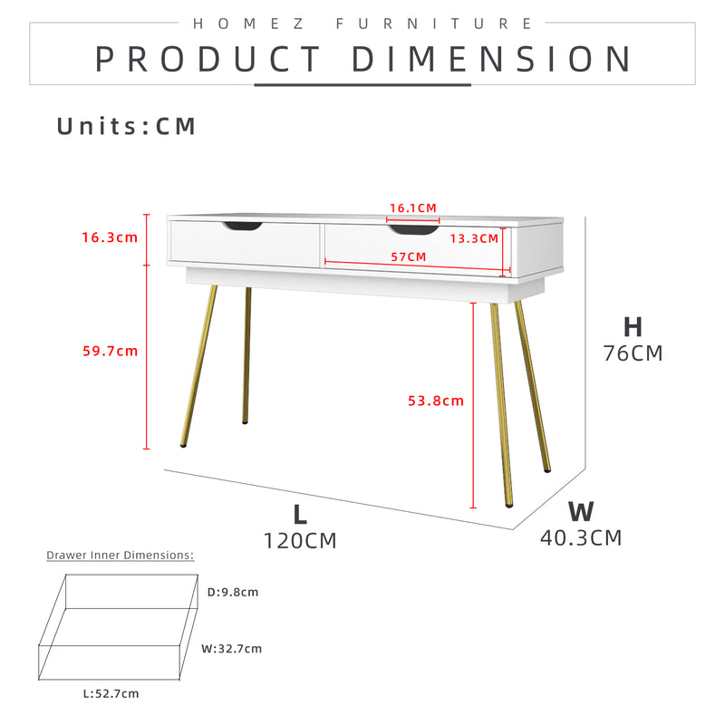 [Free Installation] 4FT Ivory Series Console Table with 2 Drawer Storage Gold Metal Leg Support - HMZ-FN-CT-1415-WT