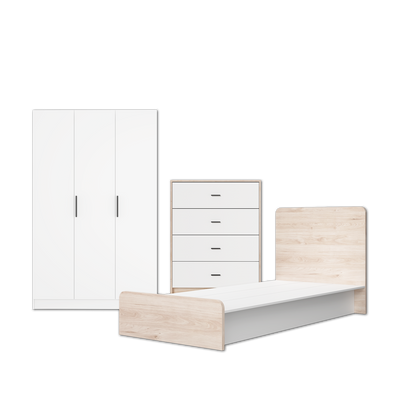 (Combo Bedroom Set) Melamine Combo Bedroom Set Chest Drawer Single Bed Frame Headboard Wardrobe White + Oak Set Perabot