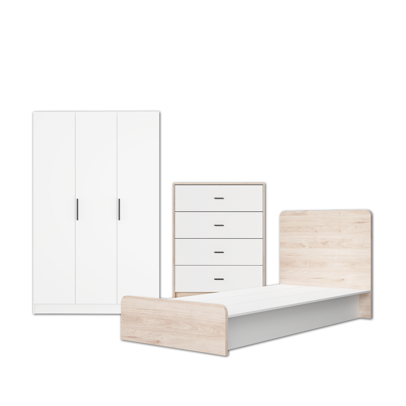 (Combo Bedroom Set) Melamine Combo Bedroom Set Chest Drawer Single Bed Frame Headboard Wardrobe White + Oak Set Perabot