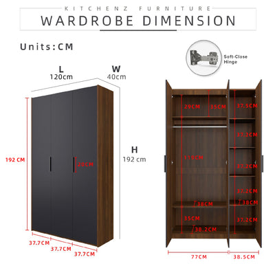 192cm High 3 Door Wardrobe With Matte Black Plastic Handle -HMZ-FN-WD-6418V2