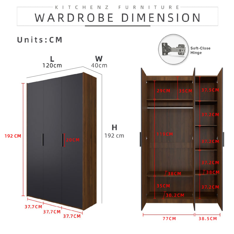 192cm High 3 Door Wardrobe With Matte Black Plastic Handle -HMZ-FN-WD-6418V2