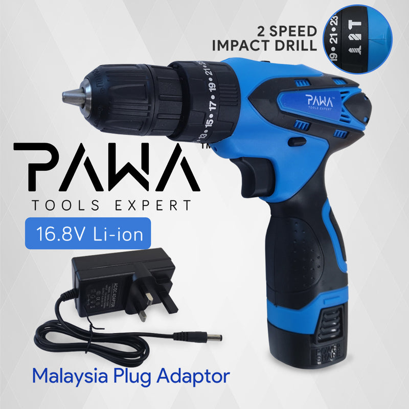 PAWA Tools 16.8V & 21V Li-ion Cordless Rechargeable Electric Power Tool Impact Drill (With Easy Carry Plastic Case)