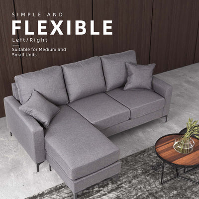 (Free Installation) 3 Seater Sofa Set L Shape Sofa Set Linen Fabric Sofa Metal Leg Removeable Pillow Cover - AE313