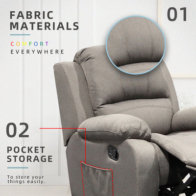 (Free Installation) 3FT 1 Seater Fabric/TPU Recliner Sofa / Grey/Brown/Blue/Clay/Cream - HMZ-FN-522/523/545