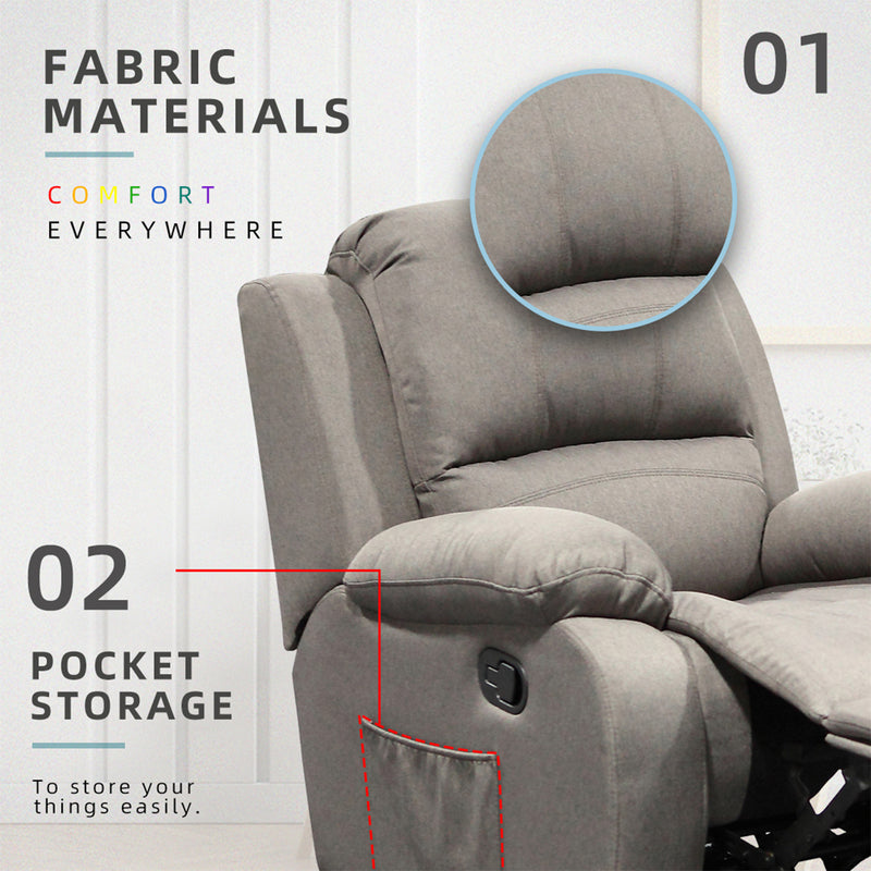 (Free Installation) 3FT 1 Seater Fabric/TPU Recliner Sofa / Grey/Brown/Blue/Clay/Cream - HMZ-FN-522/523/545
