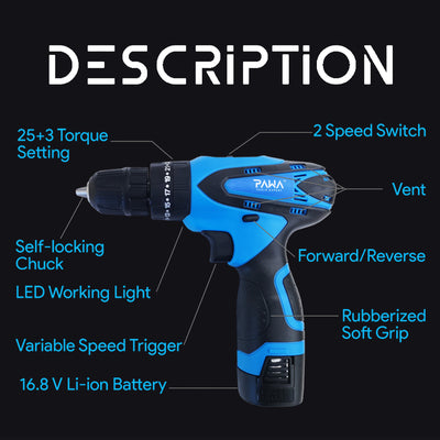 PAWA Tools 16.8V & 21V Li-ion Cordless Rechargeable Electric Power Tool Impact Drill (With Easy Carry Plastic Case)