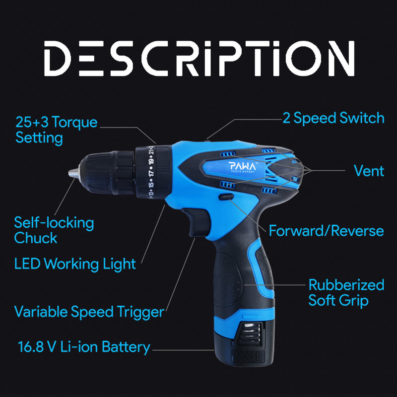 PAWA Tools 16.8V & 21V Li-ion Cordless Rechargeable Electric Power Tool Impact Drill (With Easy Carry Plastic Case)
