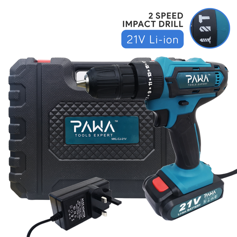PAWA Tools 16.8V & 21V Li-ion Cordless Rechargeable Electric Power Tool Impact Drill (With Easy Carry Plastic Case)