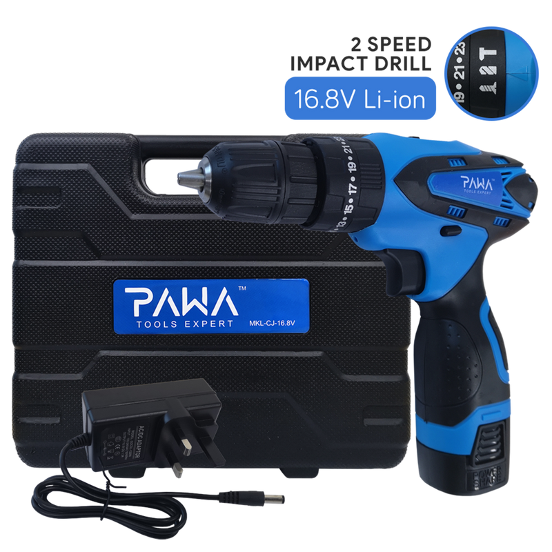 PAWA Tools 16.8V & 21V Li-ion Cordless Rechargeable Electric Power Tool Impact Drill (With Easy Carry Plastic Case)