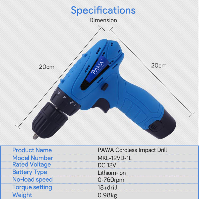 PAWA Tools 12V Li-ion Cordless Rechargeable Electric Power Tool Drill MKL-12VD-1L