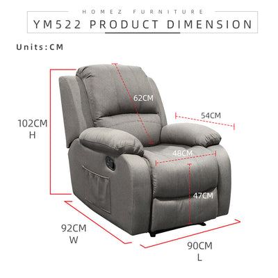 (Free Installation) 3FT 1 Seater Fabric/TPU Recliner Sofa / Grey/Brown/Blue/Clay/Cream - HMZ-FN-522/523/545