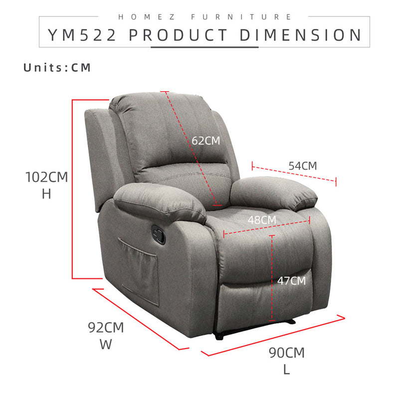 (Free Installation) 3FT 1 Seater Fabric/TPU Recliner Sofa / Grey/Brown/Blue/Clay/Cream - HMZ-FN-522/523/545